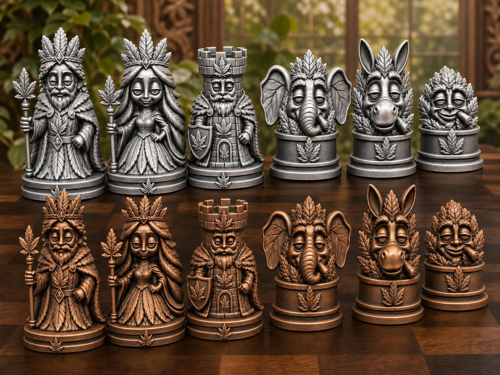 Königliches Blatt-Schachfigurenset – komplett 32-teilig | Natur-Fantasy | 3 Größen & 12 Farbpaare | Made in Germany FehnFactory