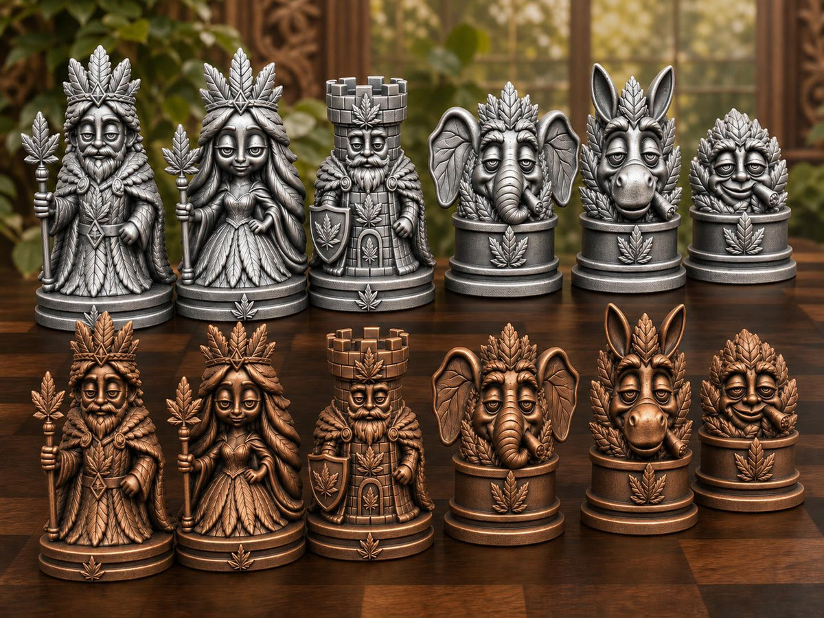 Königliches Blatt-Schachfigurenset – komplett 32-teilig | Natur-Fantasy | 3 Größen & 12 Farbpaare | Made in Germany FehnFactory