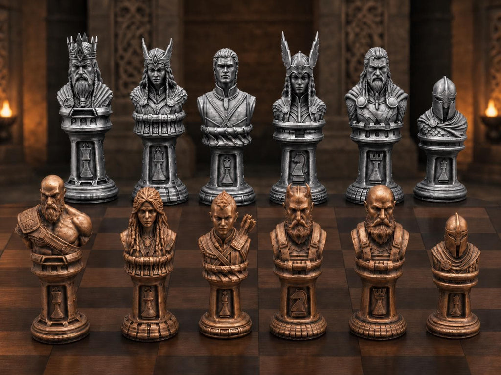 Mythisches Krieger-Schachfigurenset – komplett 32-teilig | Fantasy-Schach | 3 Größen & 12 Farbpaare | Made in Germany FehnFactory
