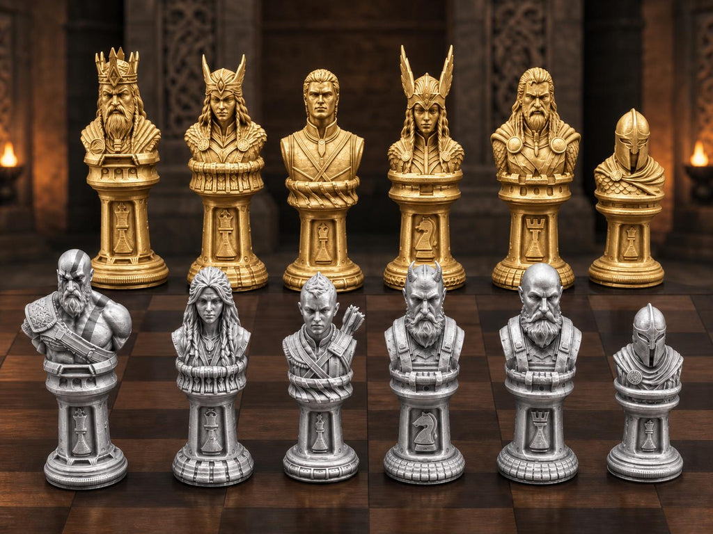 Mythisches Krieger-Schachfigurenset – komplett 32-teilig | Fantasy-Schach | 3 Größen & 12 Farbpaare | Made in Germany FehnFactory