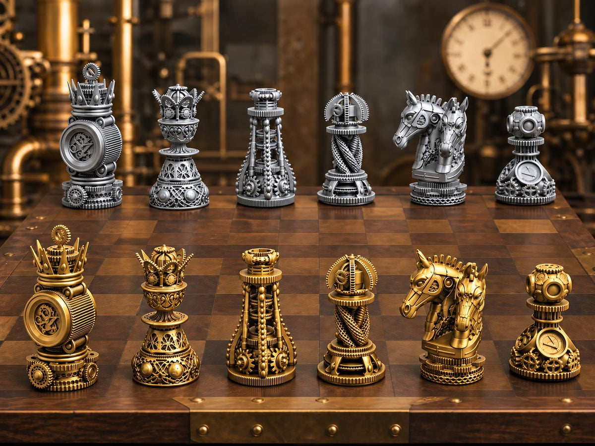 Steampunk-Zahnrad-Schachfigurenset – komplett 32-teilig | 3 Größen & 12 Farbpaare | Made in Germany FehnFactory