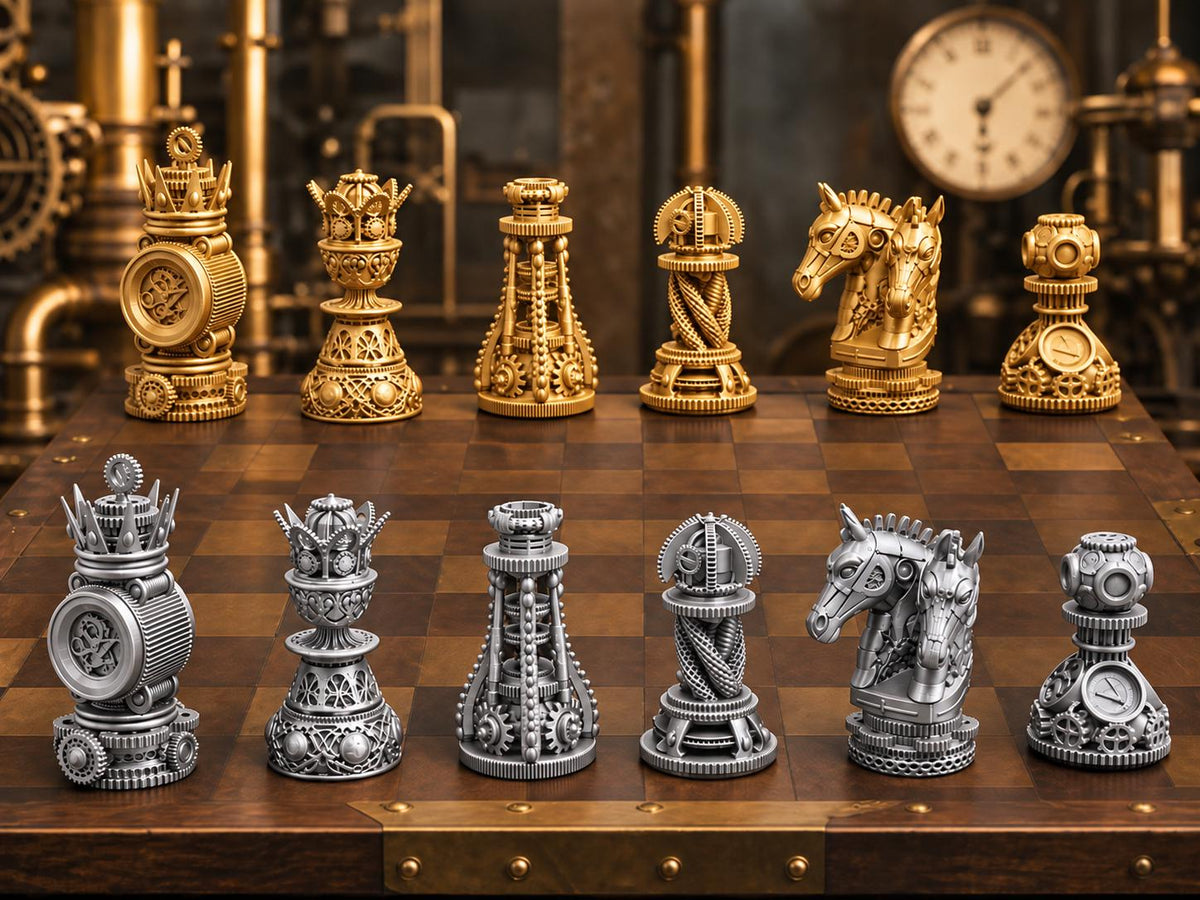 Steampunk-Zahnrad-Schachfigurenset – komplett 32-teilig | 3 Größen & 12 Farbpaare | Made in Germany FehnFactory