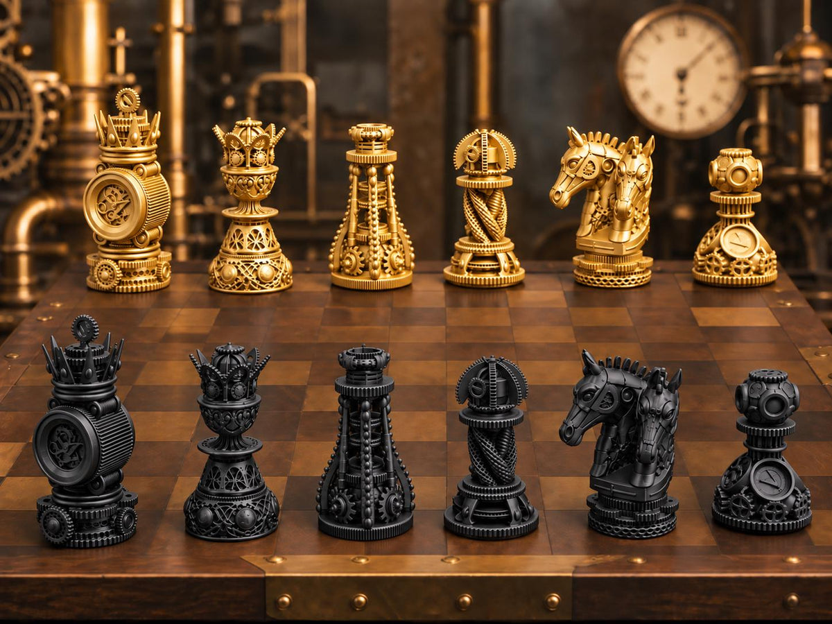 Steampunk-Zahnrad-Schachfigurenset – komplett 32-teilig | 3 Größen & 12 Farbpaare | Made in Germany FehnFactory