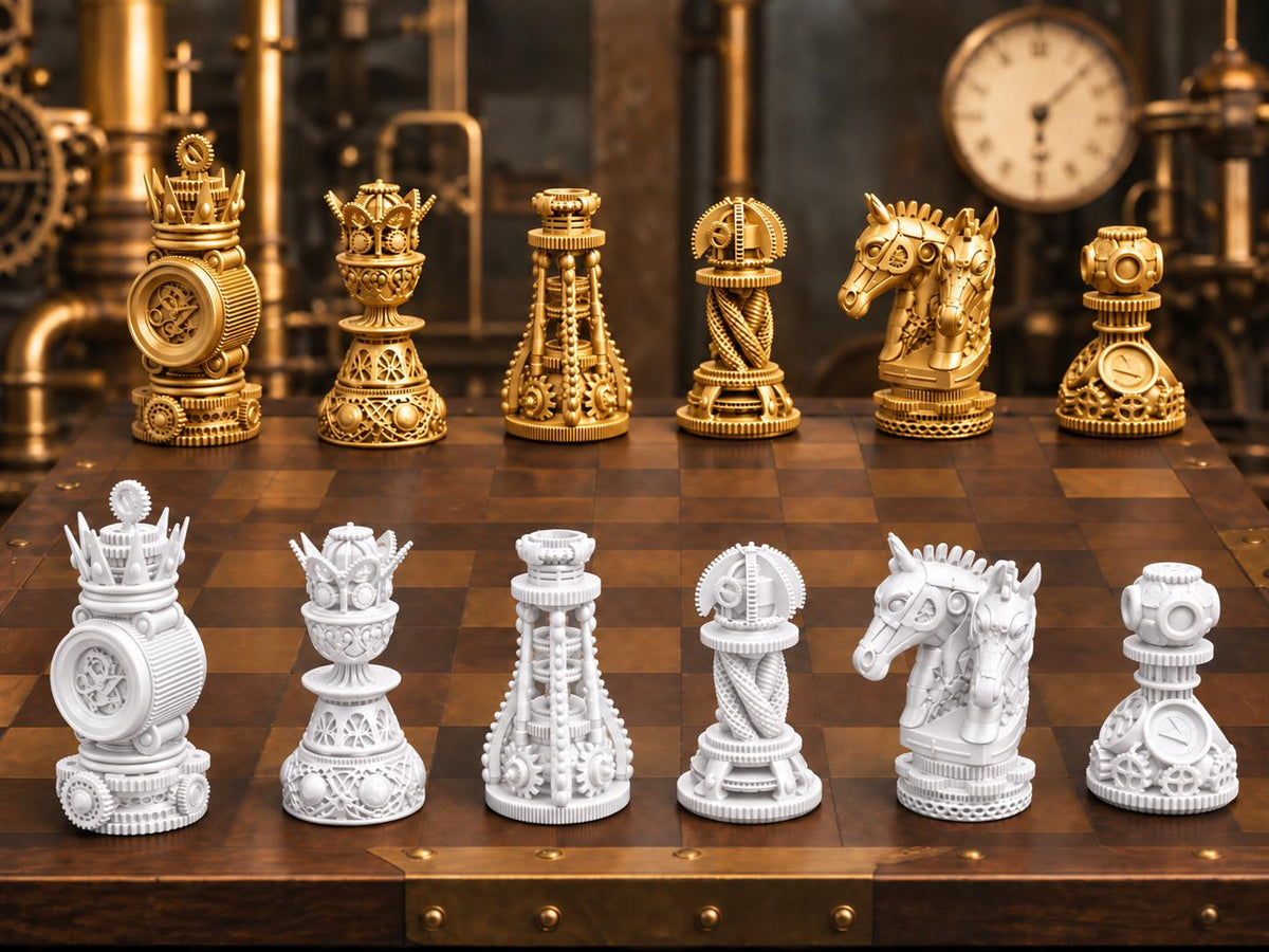 Steampunk-Zahnrad-Schachfigurenset – komplett 32-teilig | 3 Größen & 12 Farbpaare | Made in Germany FehnFactory