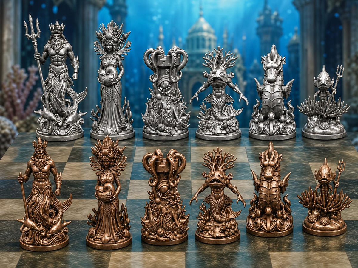 Ozeanreich-Schachfigurenset – komplett 32-teilig | Unterwasser-Fantasy | 3 Größen & 12 Farbpaare FehnFactory
