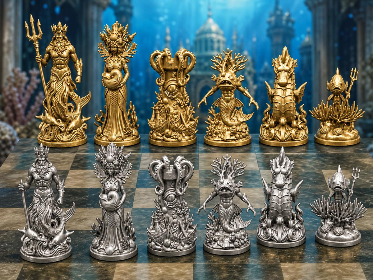 Ozeanreich-Schachfigurenset – komplett 32-teilig | Unterwasser-Fantasy | 3 Größen & 12 Farbpaare FehnFactory