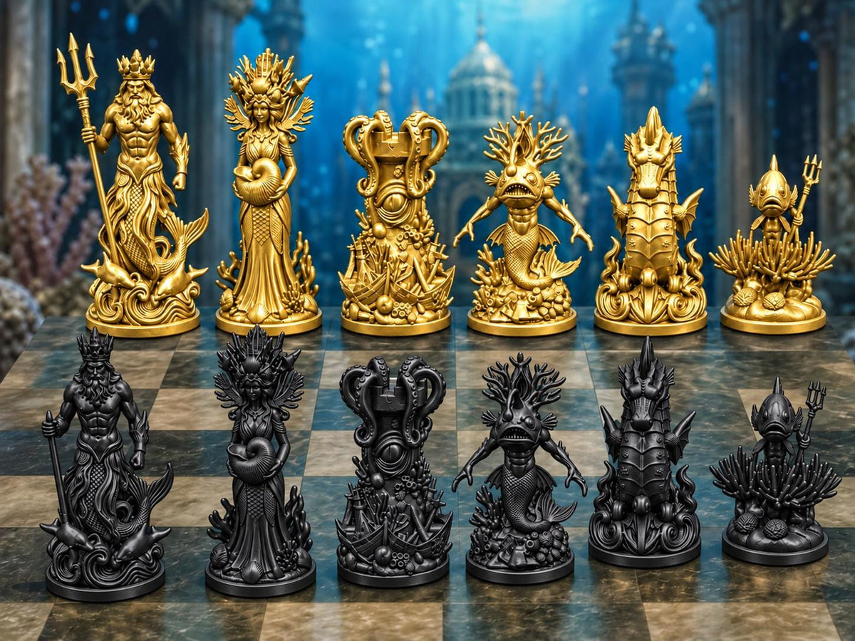 Ozeanreich-Schachfigurenset – komplett 32-teilig | Unterwasser-Fantasy | 3 Größen & 12 Farbpaare FehnFactory
