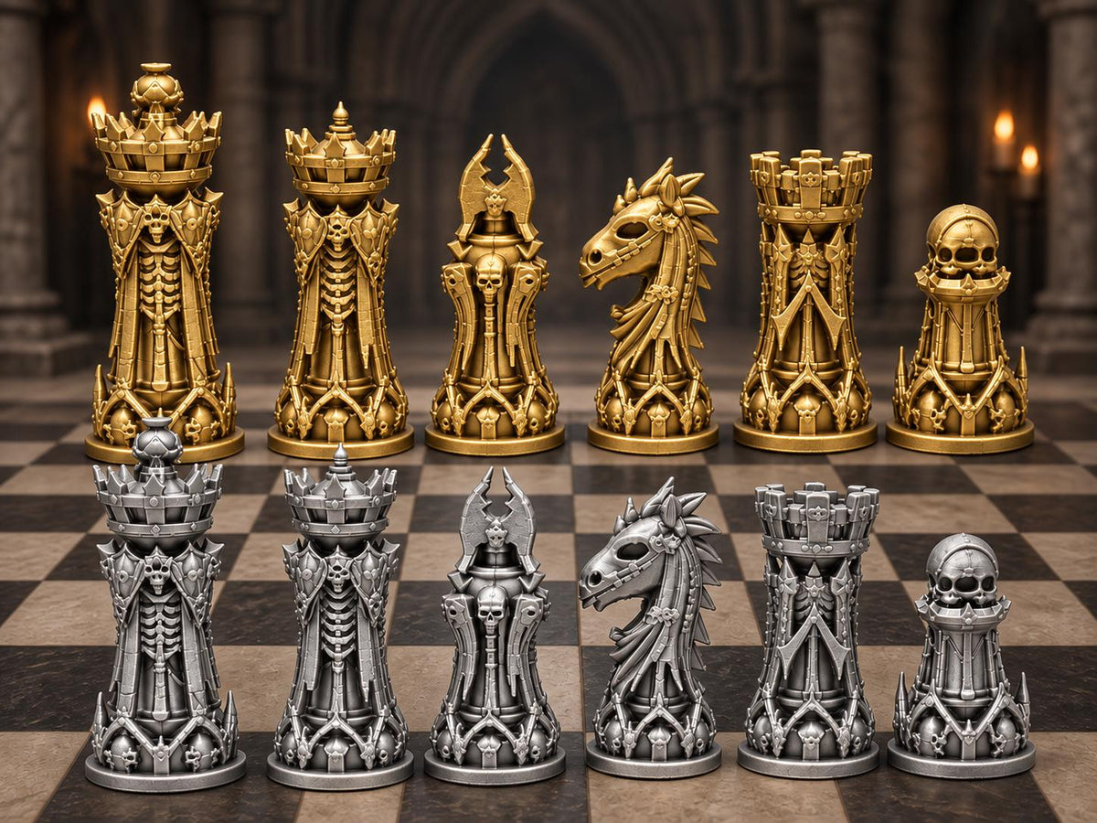 Nekromanten-Schachfigurenset – komplett 32-teilig | Gotisches Staunton-Schach | 3 Größen & 12 Farbpaare | Made in Germany FehnFactory