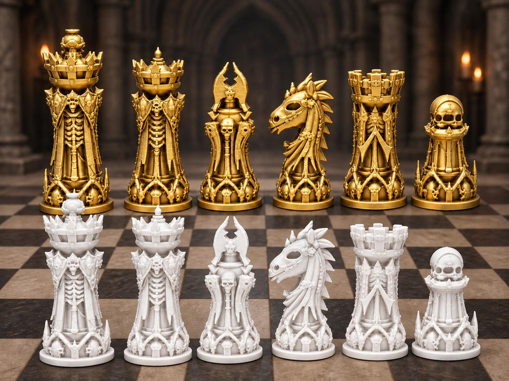 Nekromanten-Schachfigurenset – komplett 32-teilig | Gotisches Staunton-Schach | 3 Größen & 12 Farbpaare | Made in Germany FehnFactory