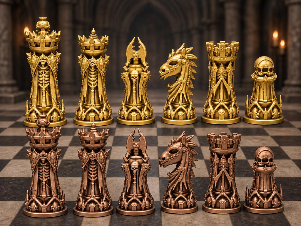 Nekromanten-Schachfigurenset – komplett 32-teilig | Gotisches Staunton-Schach | 3 Größen & 12 Farbpaare | Made in Germany FehnFactory