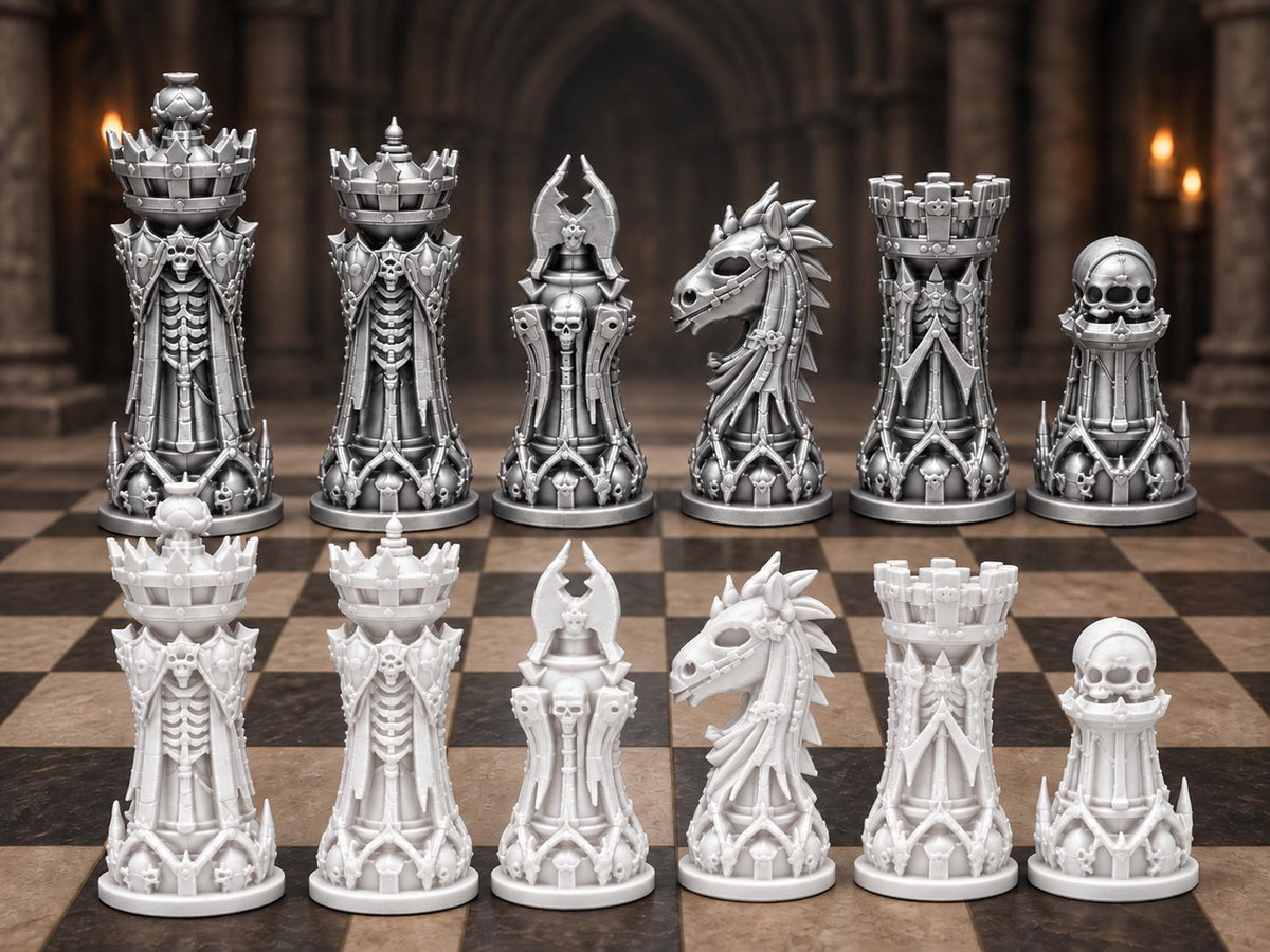 Nekromanten-Schachfigurenset – komplett 32-teilig | Gotisches Staunton-Schach | 3 Größen & 12 Farbpaare | Made in Germany FehnFactory