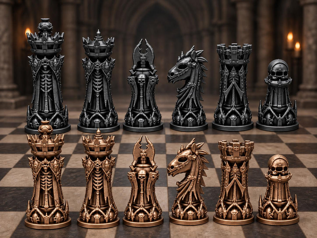 Nekromanten-Schachfigurenset – komplett 32-teilig | Gotisches Staunton-Schach | 3 Größen & 12 Farbpaare | Made in Germany FehnFactory