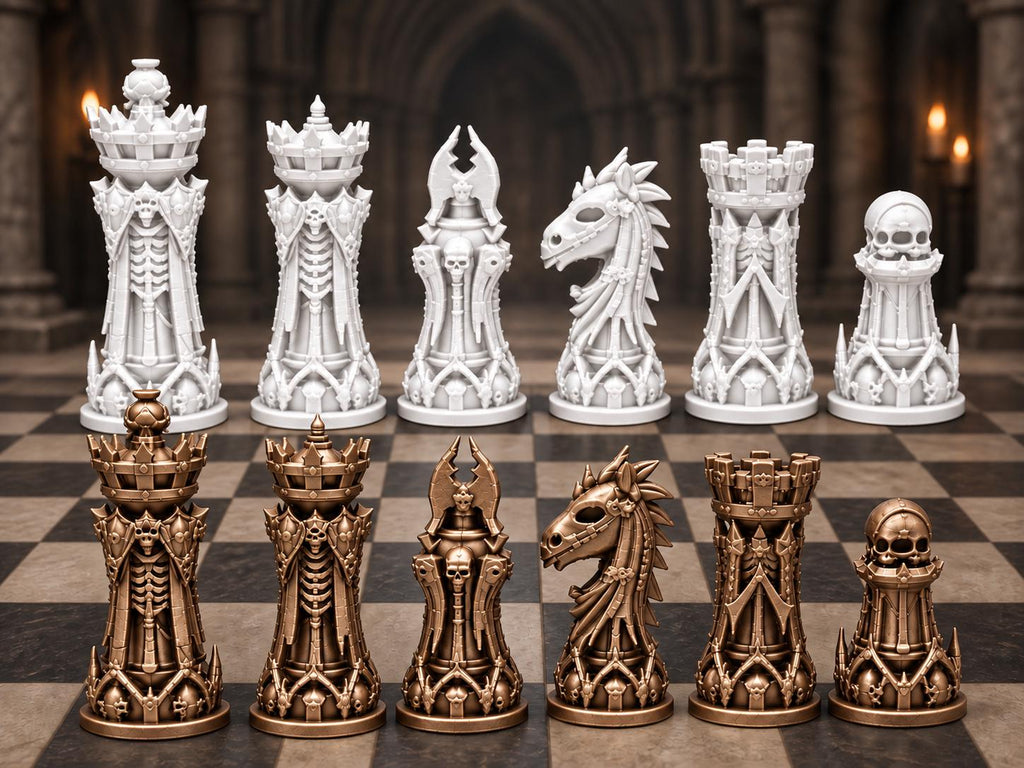 Nekromanten-Schachfigurenset – komplett 32-teilig | Gotisches Staunton-Schach | 3 Größen & 12 Farbpaare | Made in Germany FehnFactory