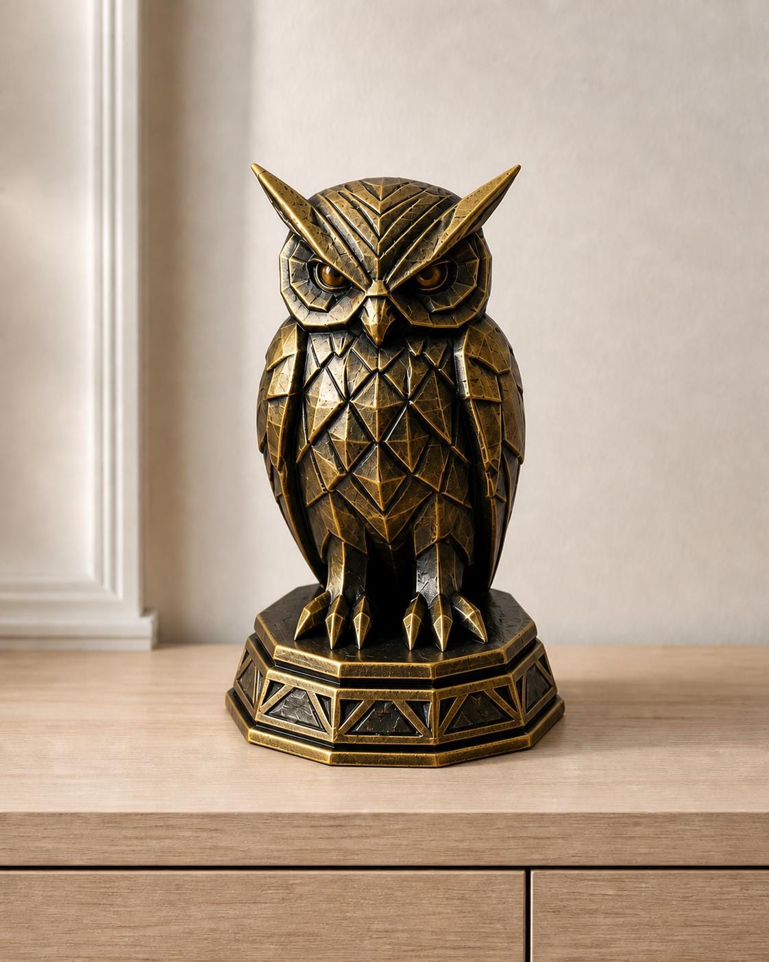 Art-déco-Eule – geometrische Eulenskulptur | handbemalt oder gedruckt | Made in Germany FehnFactory