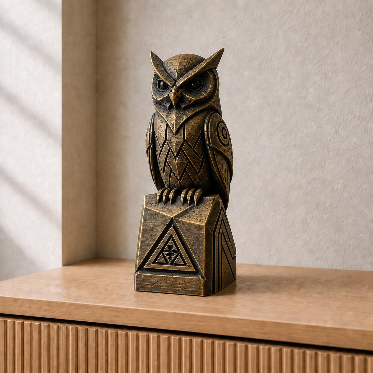 Der weise Wächter – geometrische Eulen-Skulptur | handbemalt | Made in Germany FehnFactory