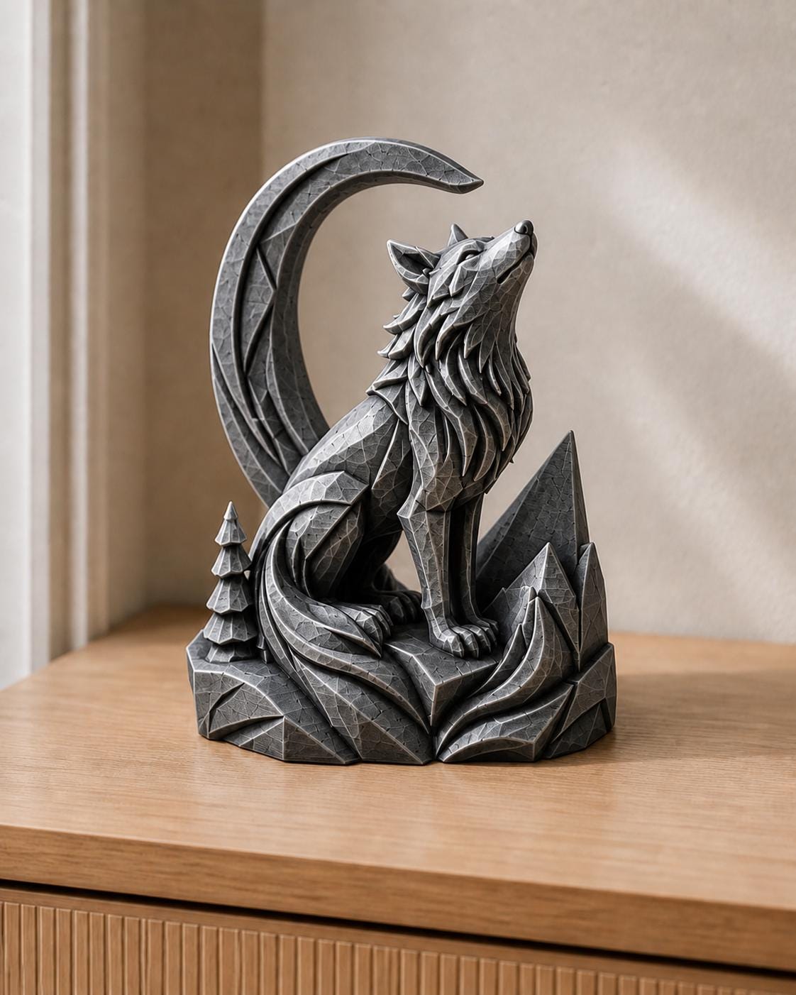 Wolfsgeist – Wolf-und-Mond-Skulptur | handbemalt | Made in Germany FehnFactory