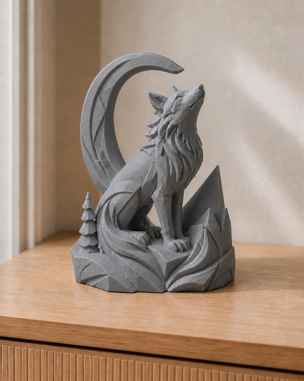 Wolfsgeist – Wolf-und-Mond-Skulptur | handbemalt | Made in Germany FehnFactory