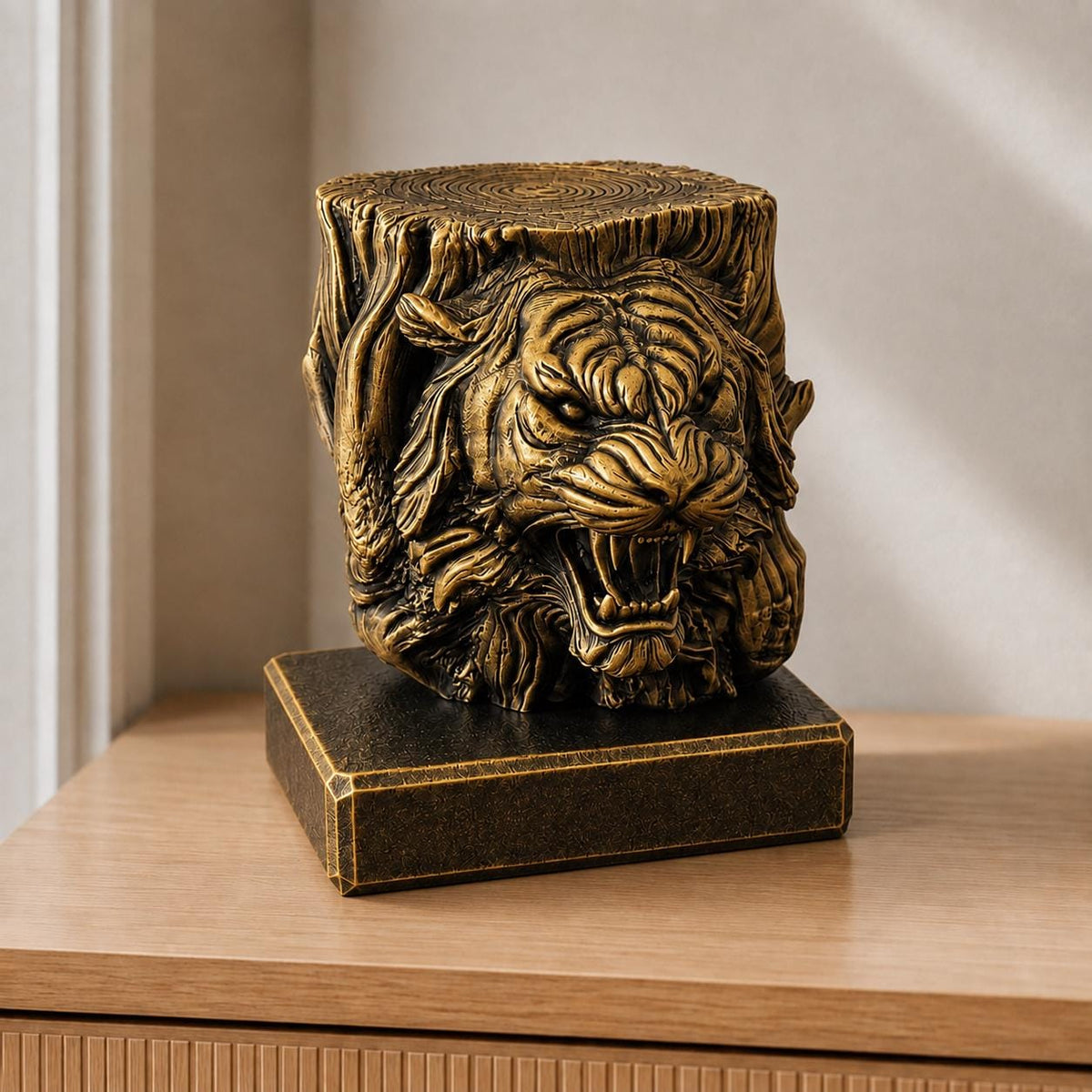 Tigergeist – Tigerskulptur im geschnitzten Baumstamm | handbemalt oder gedruckt | Made in Germany FehnFactory