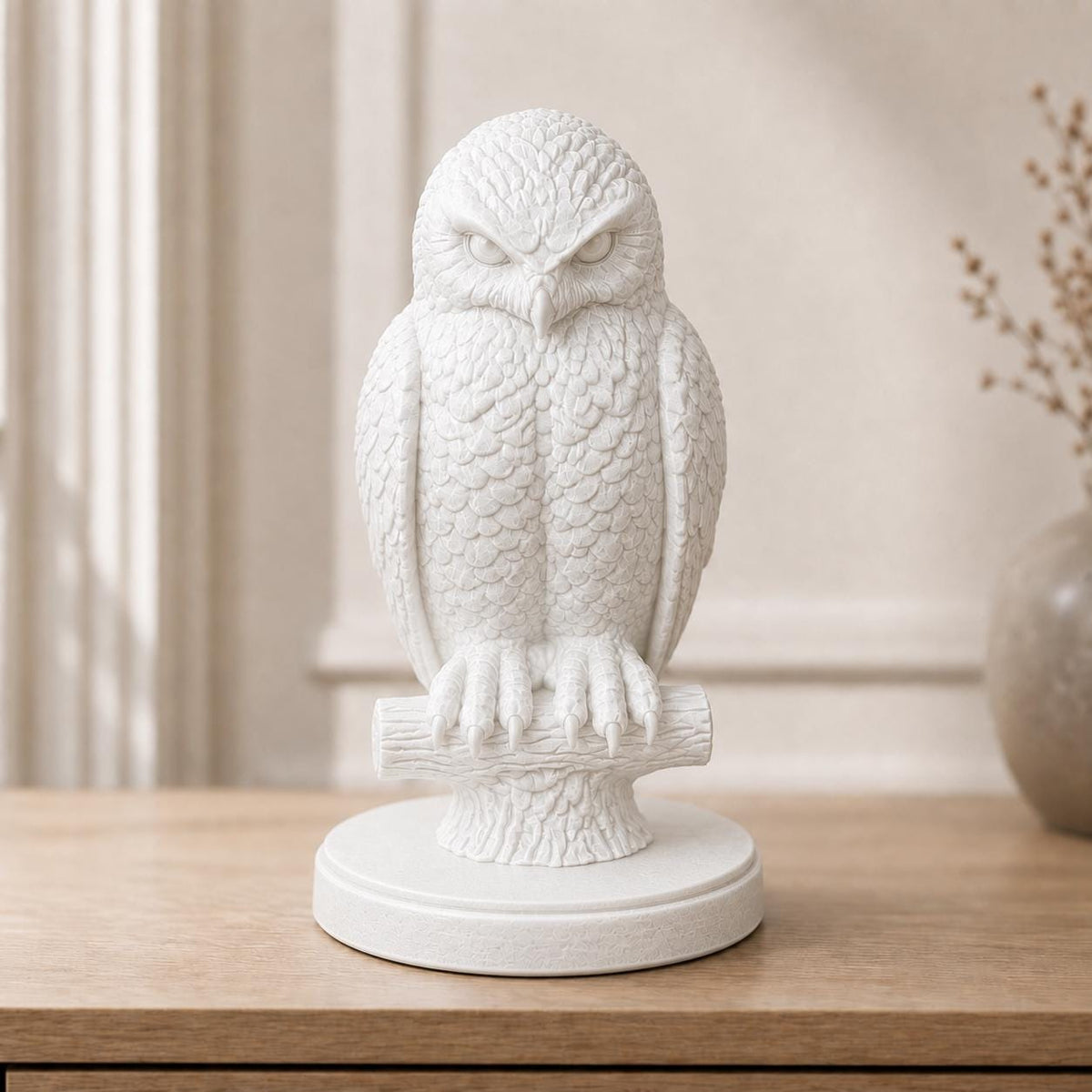 Schneeeule auf Ast – realistische Eulenskulptur | handbemalt oder gedruckt | Made in Germany FehnFactory