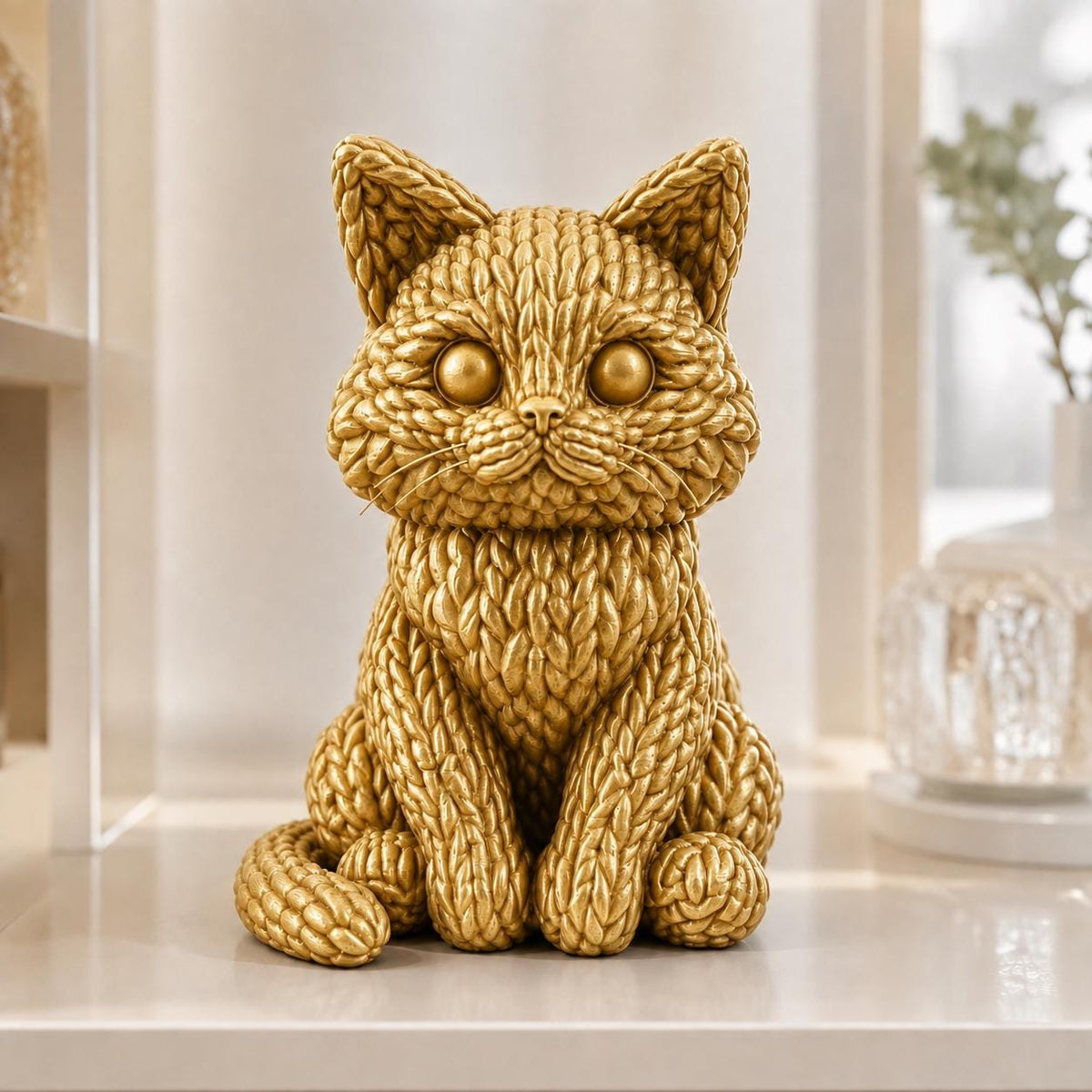 Sitzende Katze in Strickoptik – niedliche Katzenskulptur | handbemalt oder gedruckt | Made in Germany FehnFactory