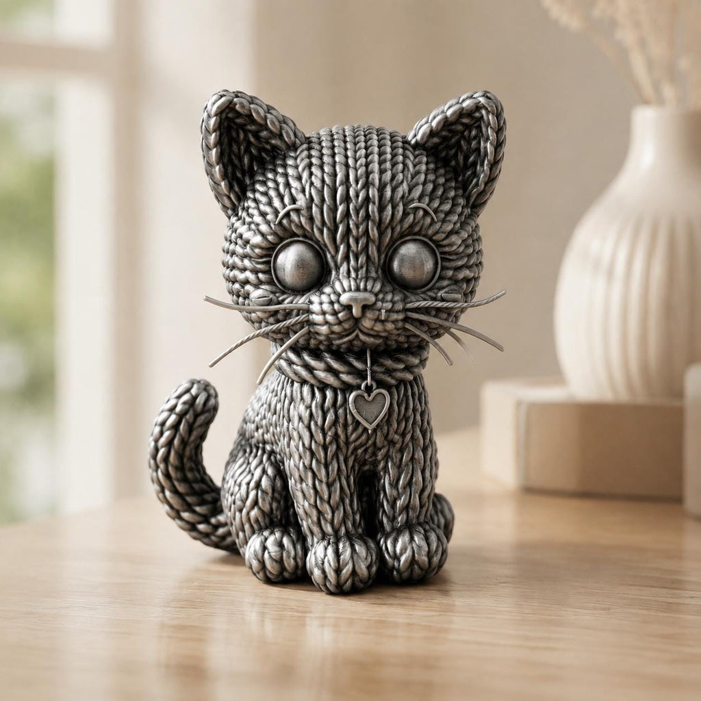 Kleine Katze mit Herzanhänger in Strickoptik – Katzenskulptur | handbemalt oder gedruckt | Made in Germany FehnFactory