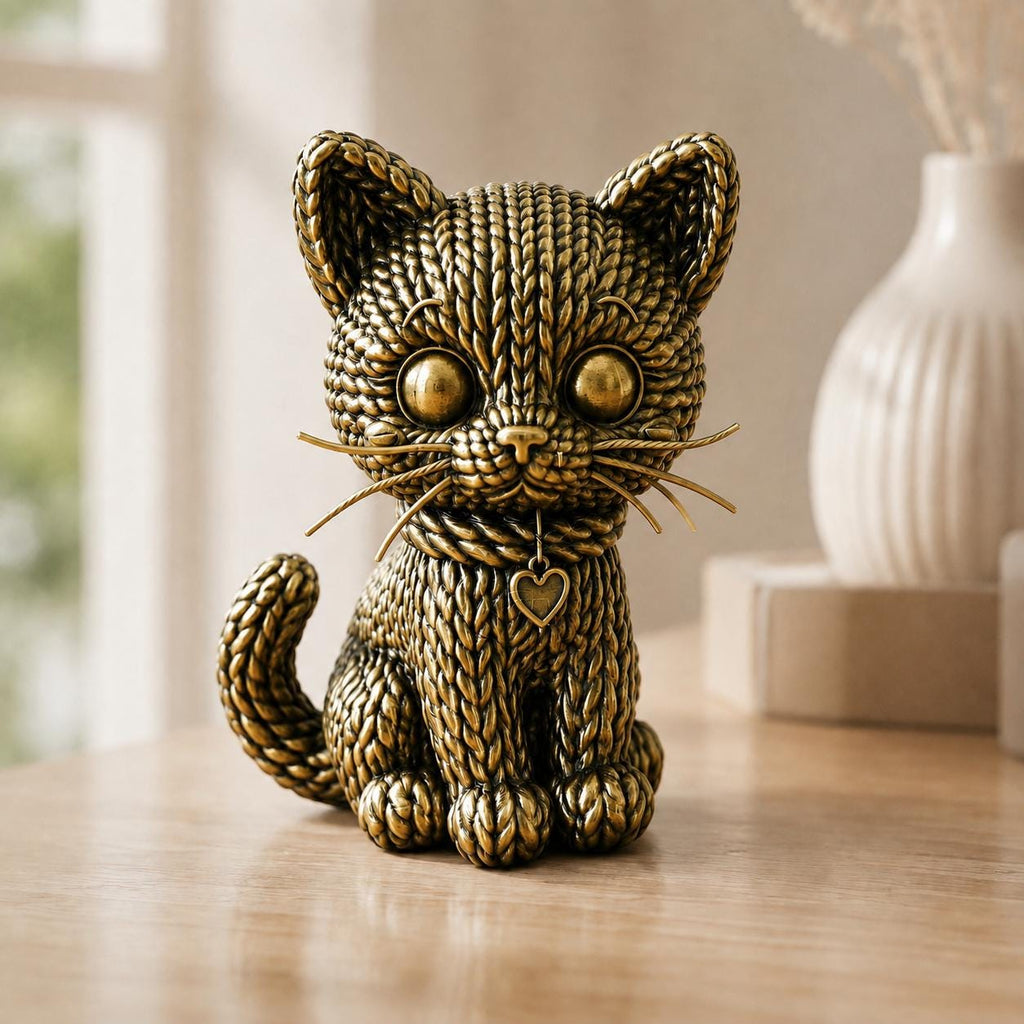 Kleine Katze mit Herzanhänger in Strickoptik – Katzenskulptur | handbemalt oder gedruckt | Made in Germany FehnFactory