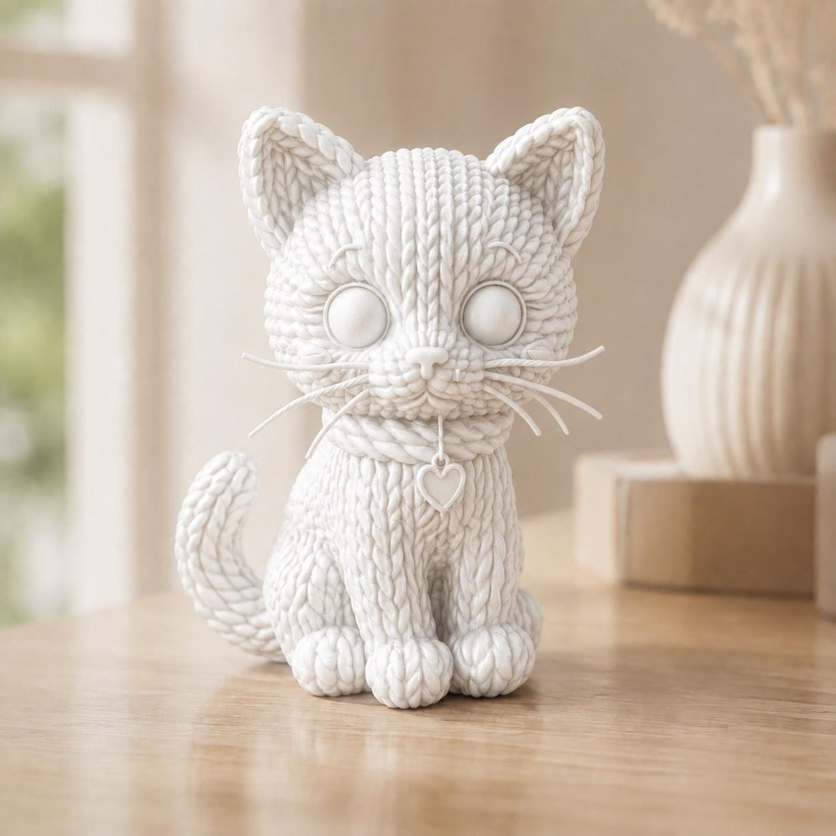 Kleine Katze mit Herzanhänger in Strickoptik – Katzenskulptur | handbemalt oder gedruckt | Made in Germany FehnFactory