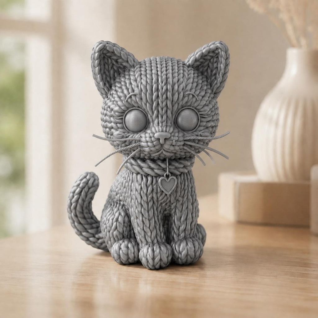Kleine Katze mit Herzanhänger in Strickoptik – Katzenskulptur | handbemalt oder gedruckt | Made in Germany FehnFactory