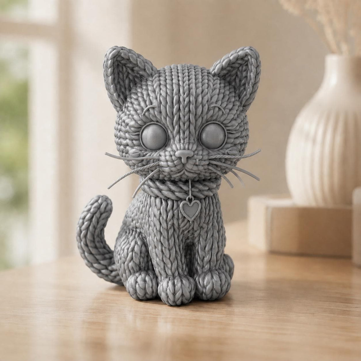 Kleine Katze mit Herzanhänger in Strickoptik – Katzenskulptur | handbemalt oder gedruckt | Made in Germany FehnFactory