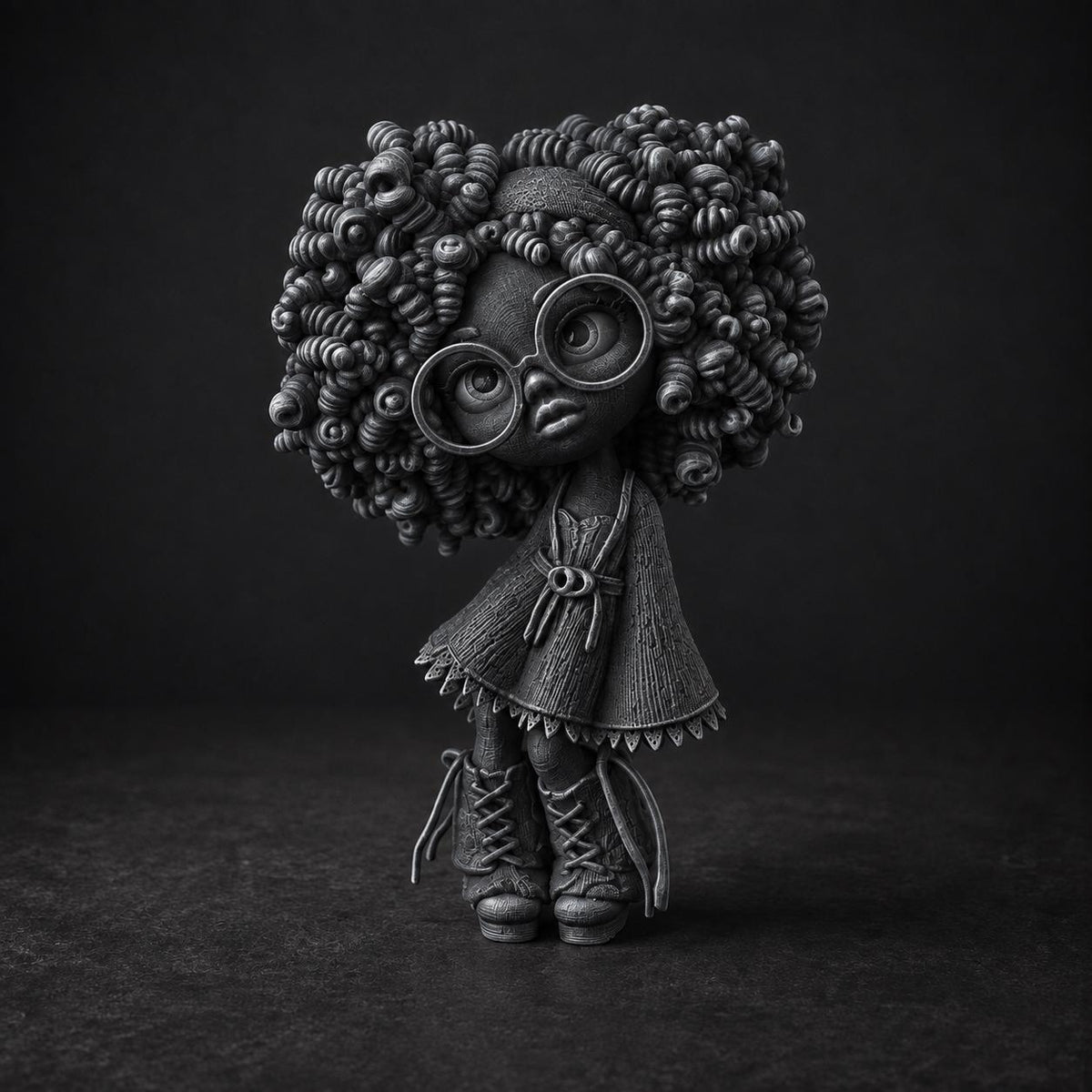 Modefigur mit Locken und Brille in Strickoptik – Deko-Skulptur | handbemalt oder gedruckt | Made in Germany FehnFactory