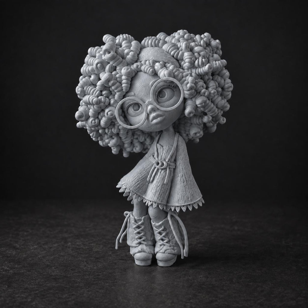 Modefigur mit Locken und Brille in Strickoptik – Deko-Skulptur | handbemalt oder gedruckt | Made in Germany FehnFactory