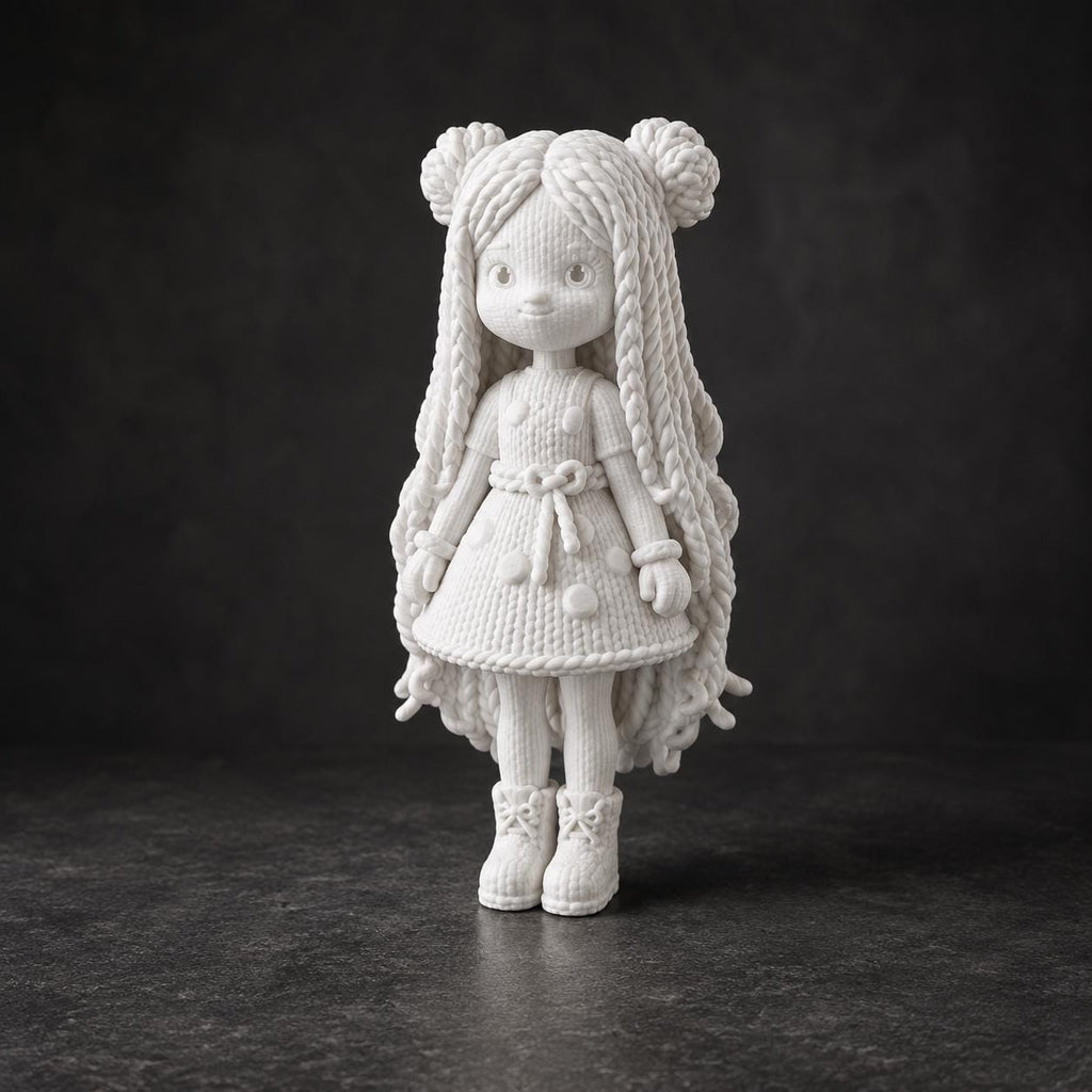 Figur mit langen Zöpfen und Patchwork-Kleid in Strickoptik – Deko-Skulptur | handbemalt oder gedruckt | Made in Germany FehnFactory