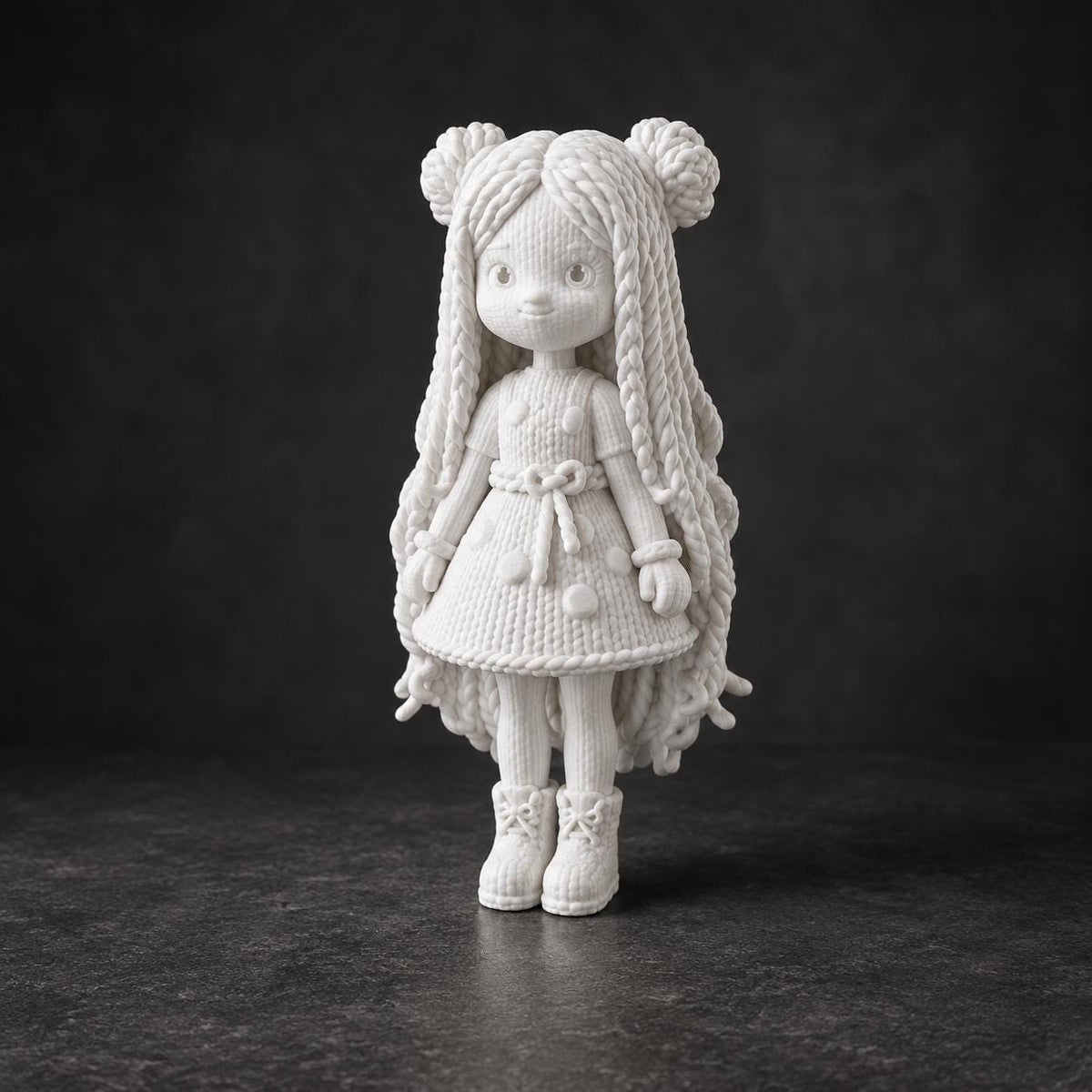 Figur mit langen Zöpfen und Patchwork-Kleid in Strickoptik – Deko-Skulptur | handbemalt oder gedruckt | Made in Germany FehnFactory