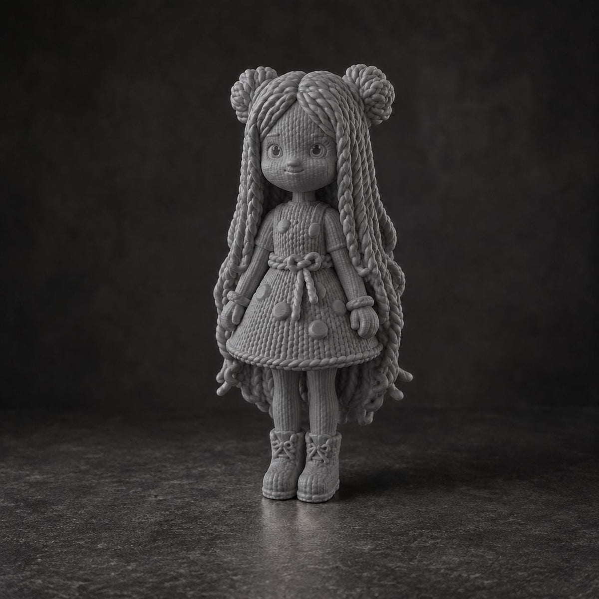 Figur mit langen Zöpfen und Patchwork-Kleid in Strickoptik – Deko-Skulptur | handbemalt oder gedruckt | Made in Germany FehnFactory