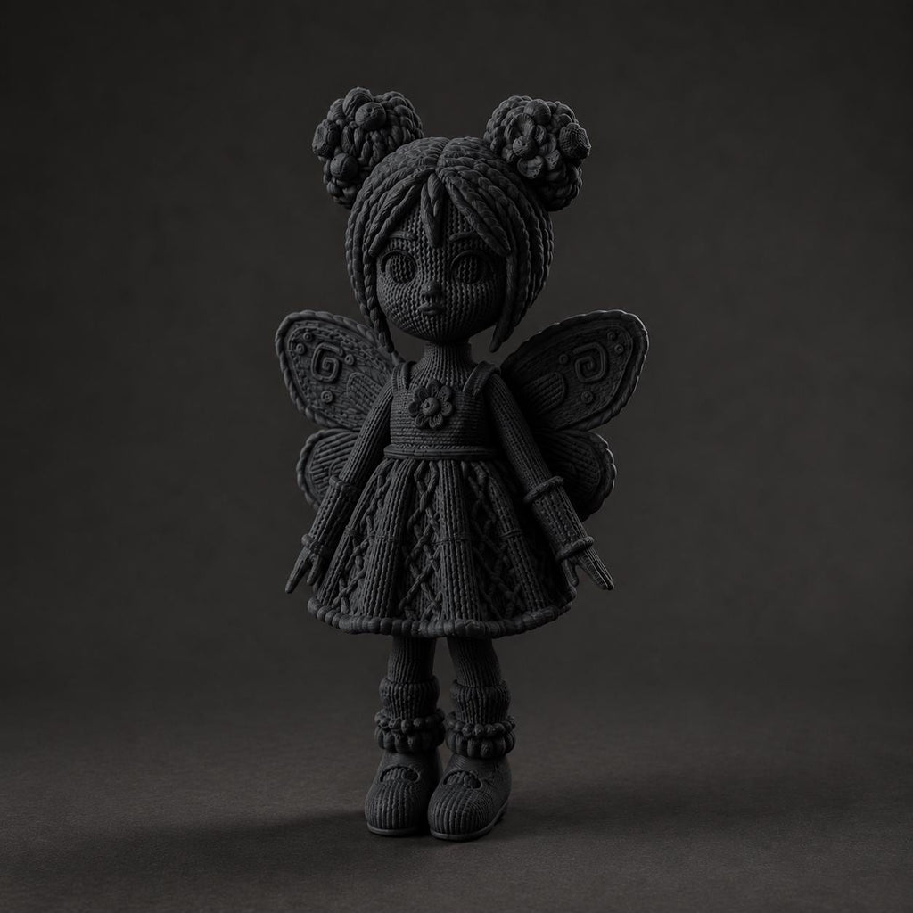 Feenfigur mit Blumen-Haardutts und Schmetterlingsflügeln in Strickoptik | handbemalt oder gedruckt | Made in Germany FehnFactory