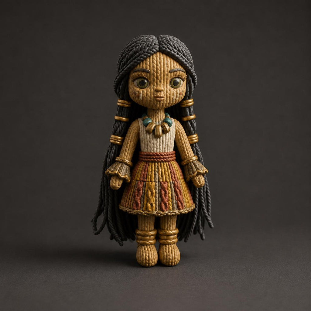 Fantasy-Puppe mit langen Zöpfen, Schmuck und Segmentrock in Strickoptik | handbemalt oder gedruckt | Made in Germany FehnFactory