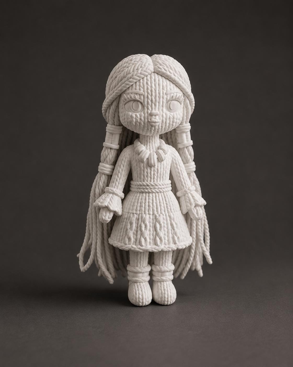 Fantasy-Puppe mit langen Zöpfen, Schmuck und Segmentrock in Strickoptik | handbemalt oder gedruckt | Made in Germany FehnFactory