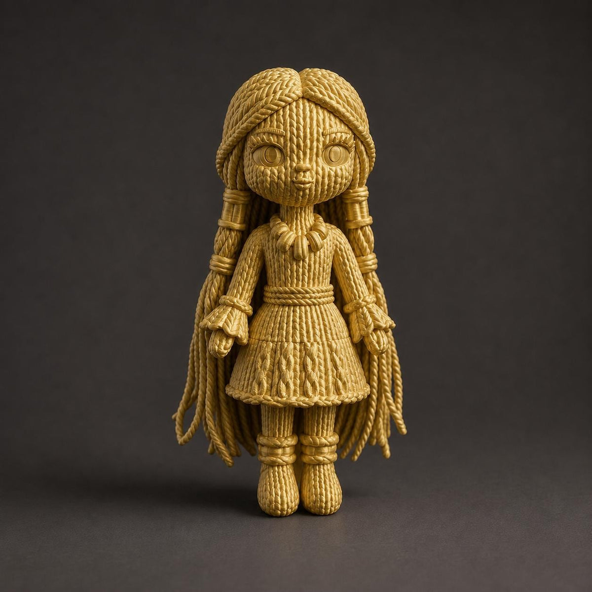 Fantasy-Puppe mit langen Zöpfen, Schmuck und Segmentrock in Strickoptik | handbemalt oder gedruckt | Made in Germany FehnFactory