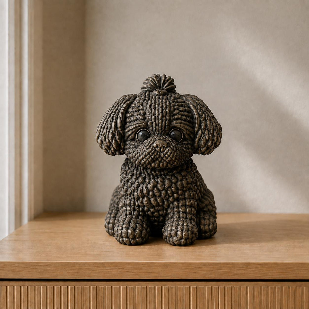Sitzender Welpe in Strickoptik | Hundeskulptur handbemalt oder gedruckt | Made in Germany FehnFactory