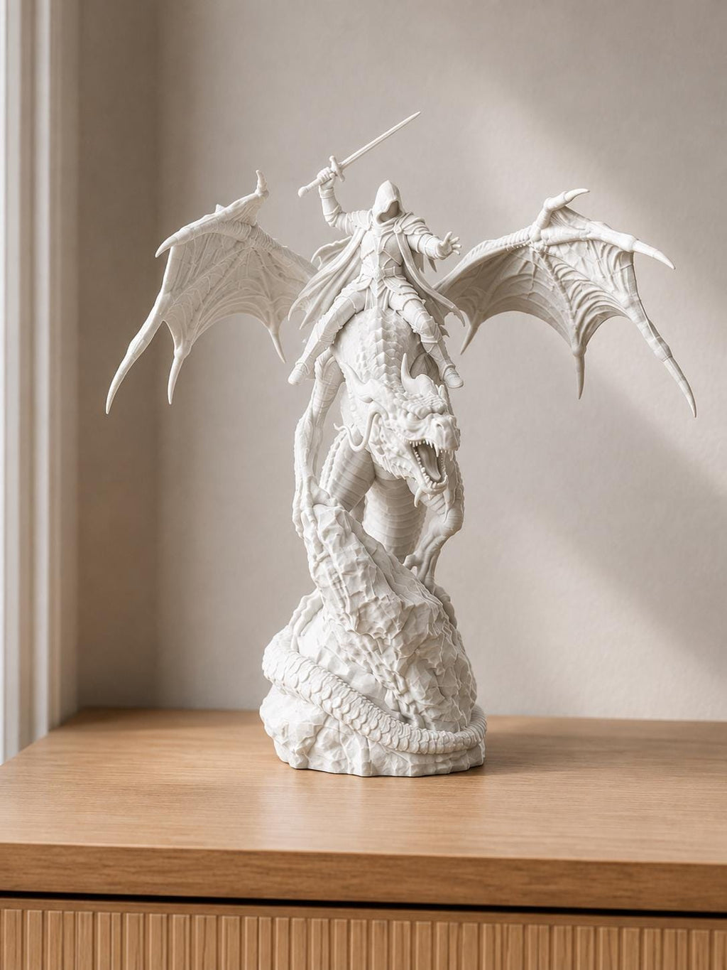 Drachenreiter auf geflügeltem Drachen | Fantasy-Skulptur handbemalt oder gedruckt | Made in Germany FehnFactory