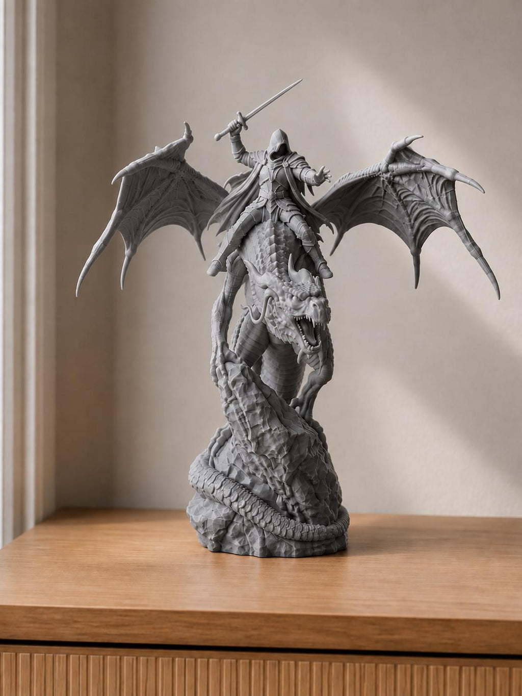 Drachenreiter auf geflügeltem Drachen | Fantasy-Skulptur handbemalt oder gedruckt | Made in Germany FehnFactory