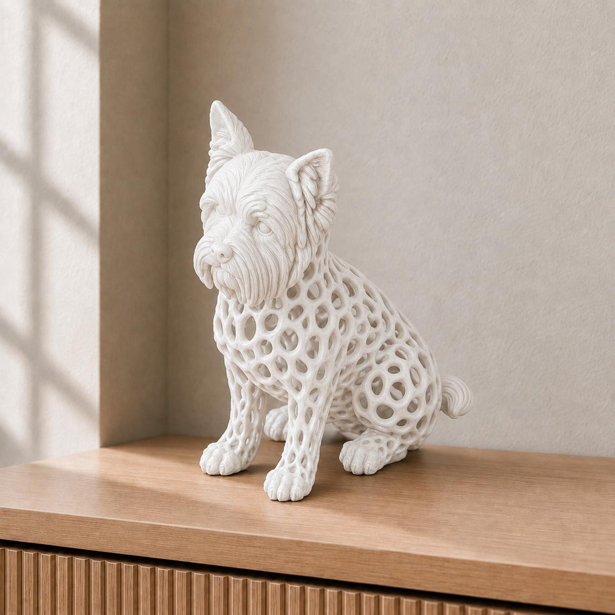 Yorkshire Terrier in Voronoi-Optik – sitzende Hundeskulptur | Made in Germany FehnFactory