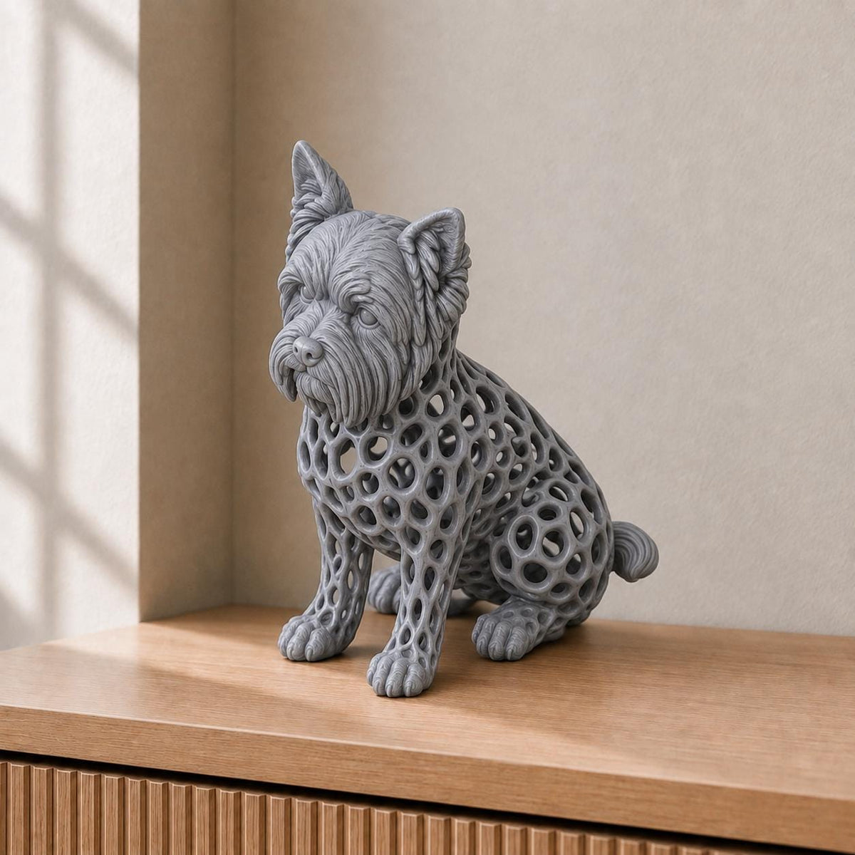 Yorkshire Terrier in Voronoi-Optik – sitzende Hundeskulptur | Made in Germany FehnFactory