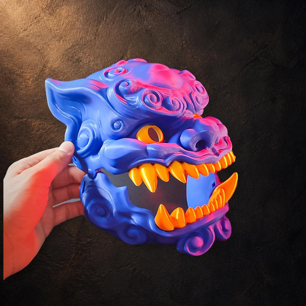 Foo Dog Maske – beweglicher Kiefer | Blau–Gold | Pipe Cox | Made in Germany FehnFactory