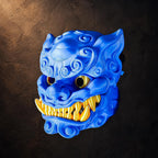 Foo Dog Maske – beweglicher Kiefer | Blau–Gold | Pipe Cox | Made in Germany FehnFactory