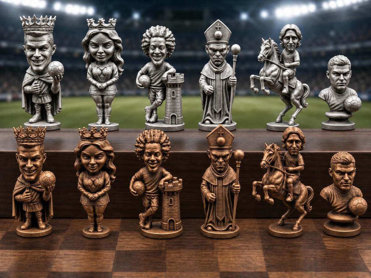 Fußball-Legenden-Schachfigurenset – komplett 32-teilig | Stadion-Schach | 3 Größen & 12 Farbpaare FehnFactory