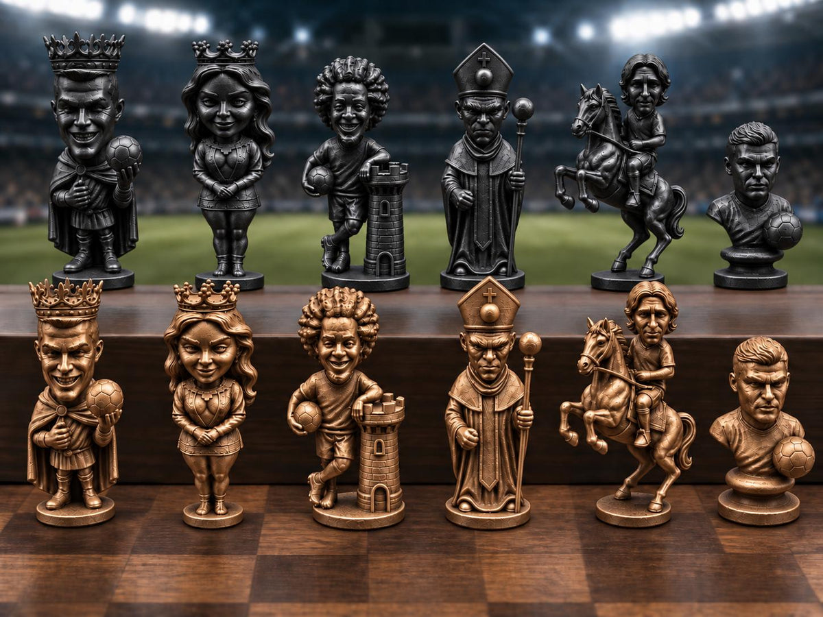 Fußball-Legenden-Schachfigurenset – komplett 32-teilig | Stadion-Schach | 3 Größen & 12 Farbpaare FehnFactory