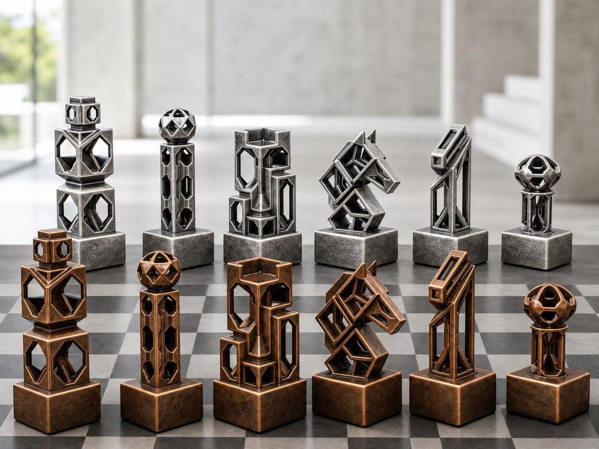 Geometrisches Gitter-Schachfigurenset – komplett 32-teilig | Modernes Schach | 3 Größen & 12 Farbpaare FehnFactory