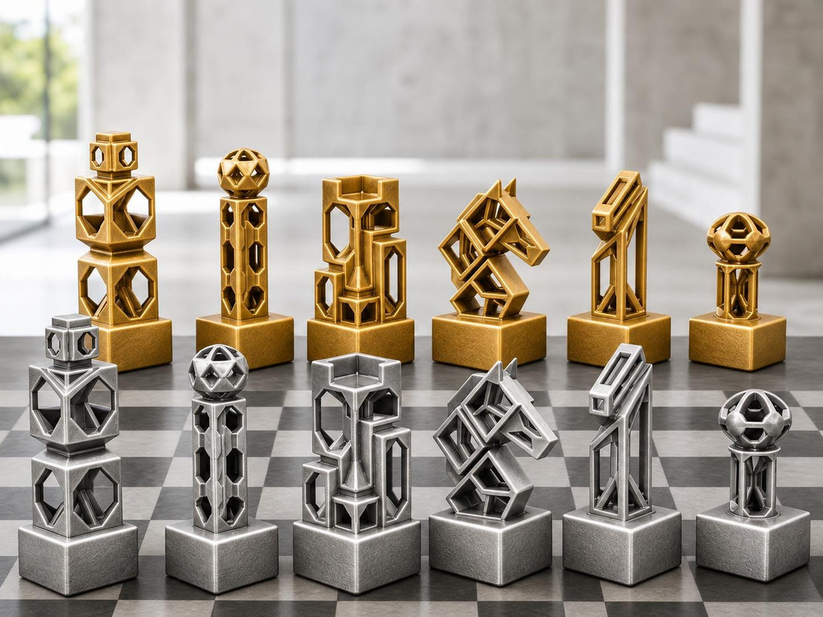 Geometrisches Gitter-Schachfigurenset – komplett 32-teilig | Modernes Schach | 3 Größen & 12 Farbpaare FehnFactory