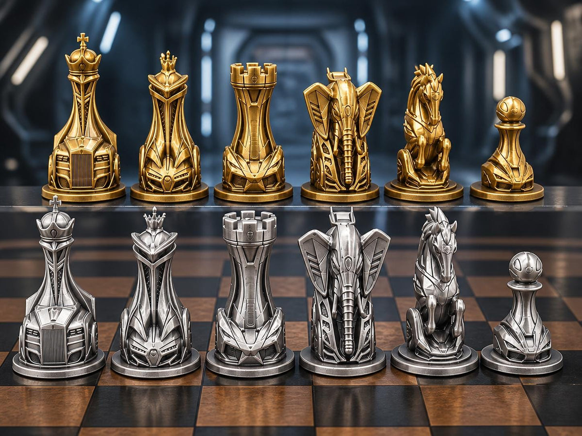 Futuristisches Fahrzeug-Schachfigurenset – komplett 32-teilig | Sci-Fi-Schach | 3 Größen & 12 Farbpaare FehnFactory